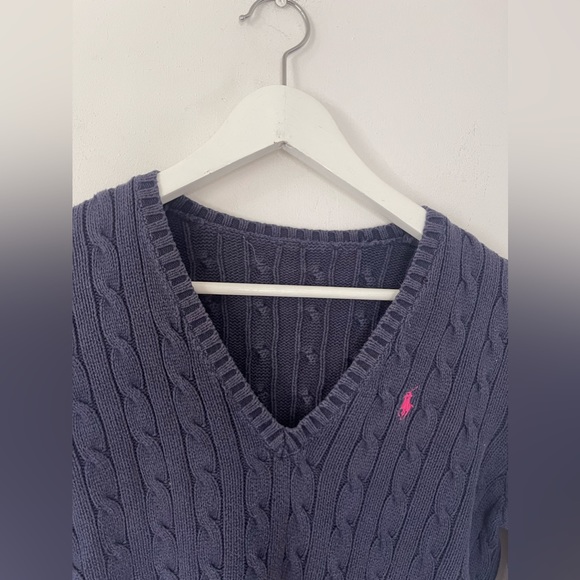 Lauren Ralph Lauren Jumper Pink & Navy Blue Cable Knit - Women's Small V Neck - Picture 4 of 6